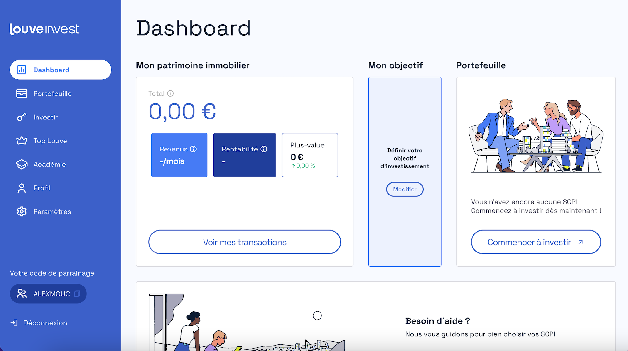 Dashboard d’un compte Louve Invest