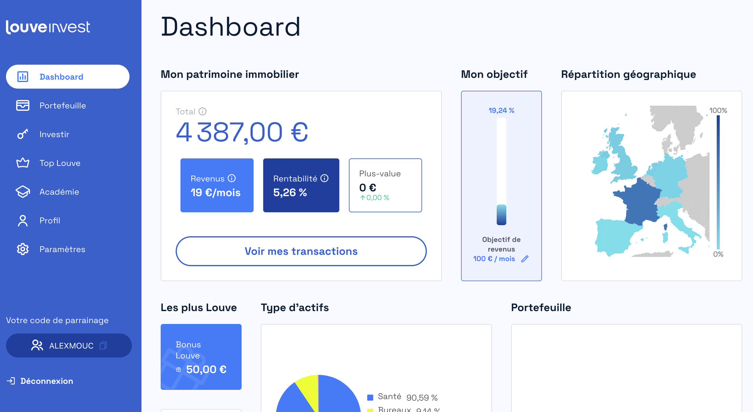 Page Investisseur montrant le montant de mes investissements