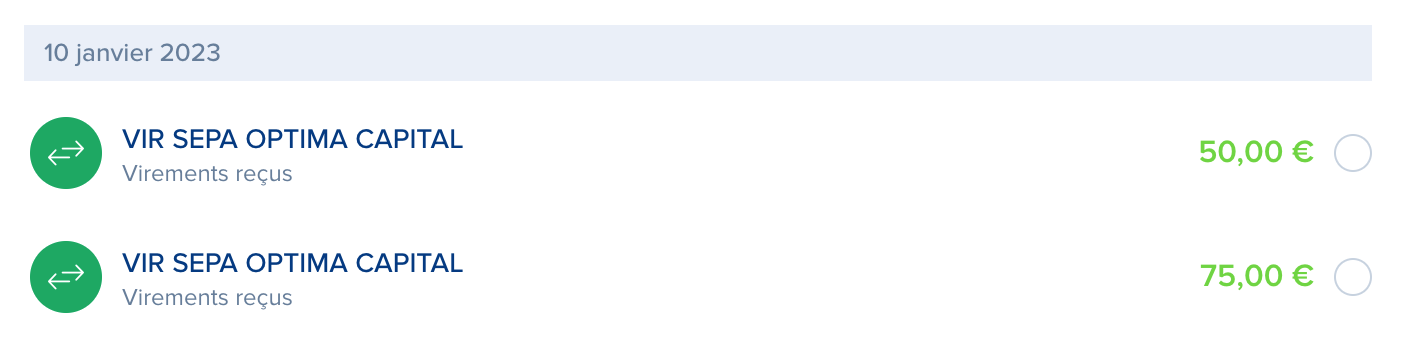Capture d’écran des virements de Louve Invest sur mon compte bancaire