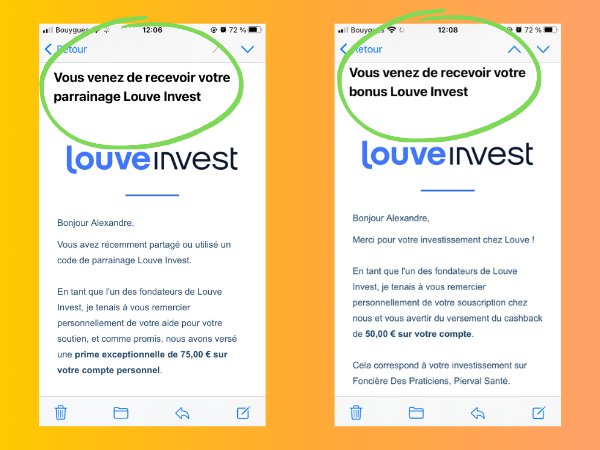 Capture d’écran des deux mails envoyés par Louve Invest suite à un parrainage et à une souscription