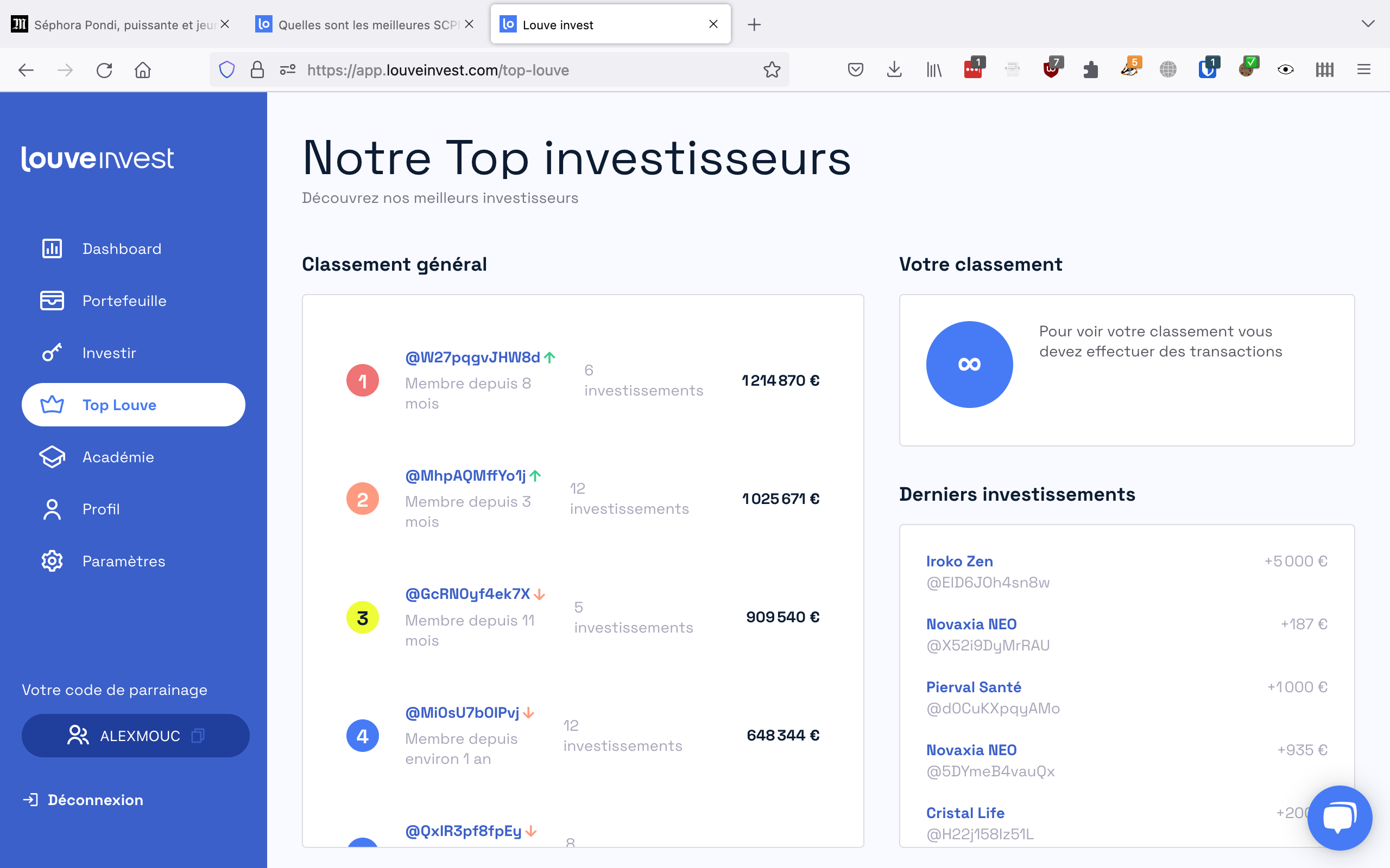 Page Classement du site Louve Invest