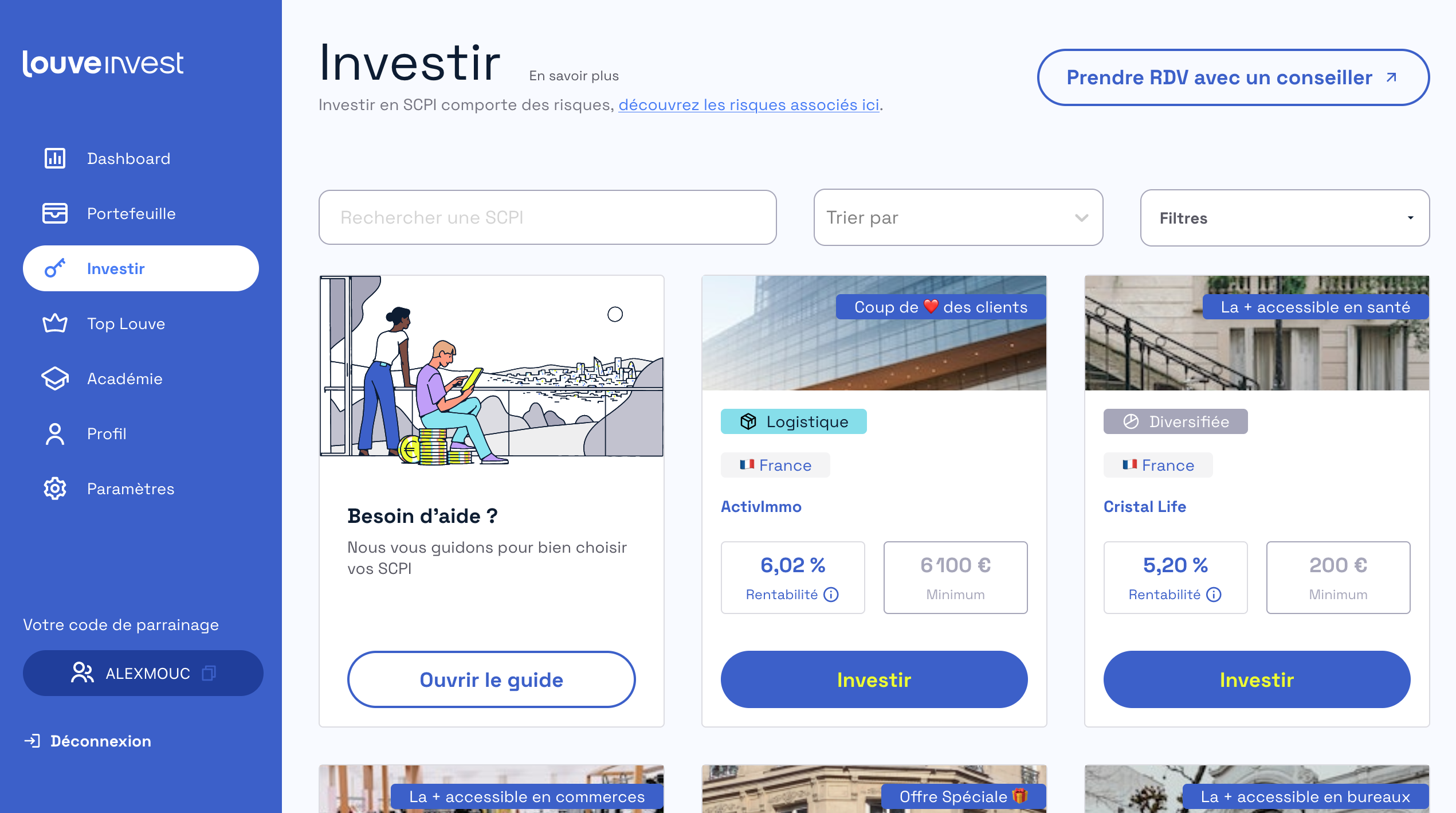 Page Investir de Louve Invest