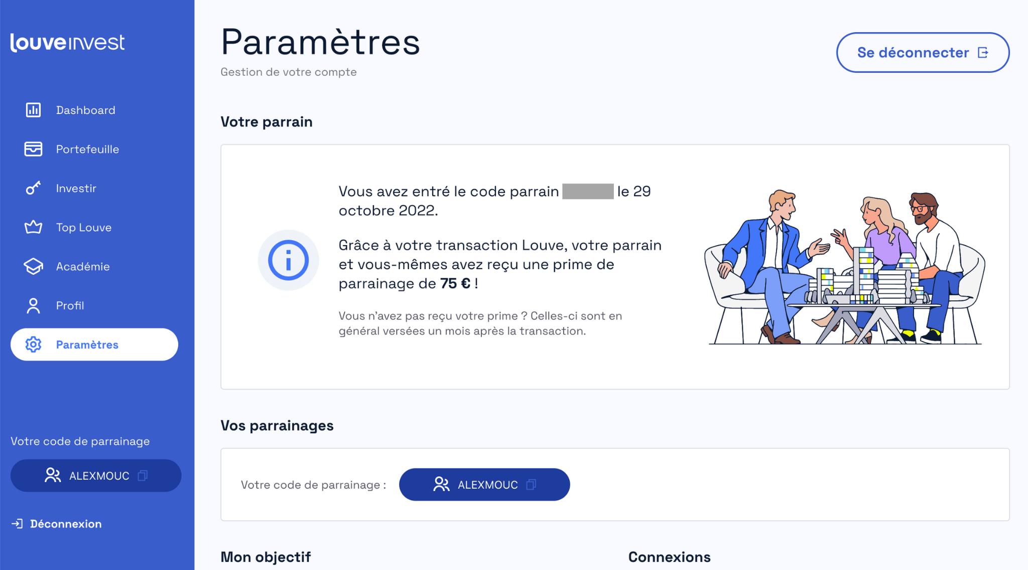 Page Profil indiquant la validation de mon parrainage