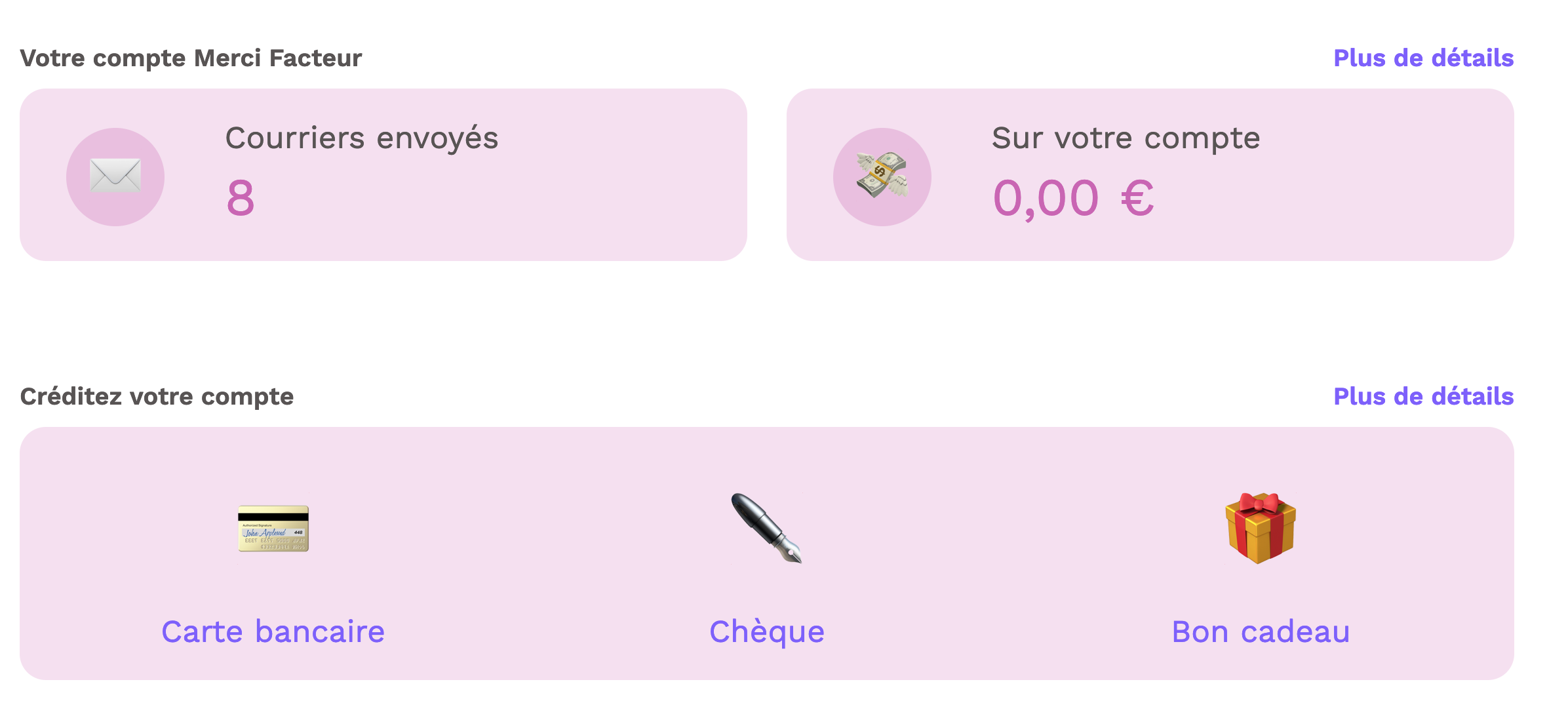 Rubriques Votre compte et Créditez votre compte de Merci Facteur
